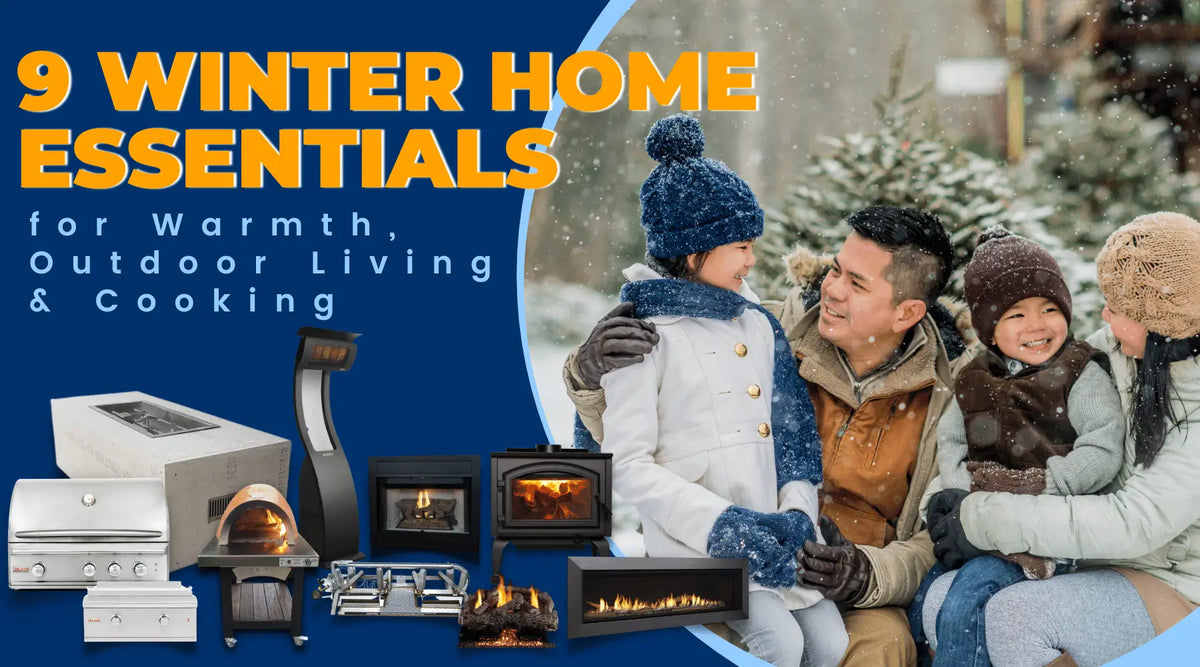 Winter home essentials featuring fireplaces, heaters, grills and fire pits for warmth, outdoor living and cooking.