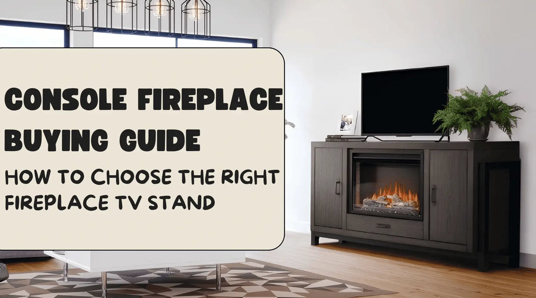 Console fireplace TV stand with electric firebox and storage cabinets in a modern living room for a fireplace buying guide.