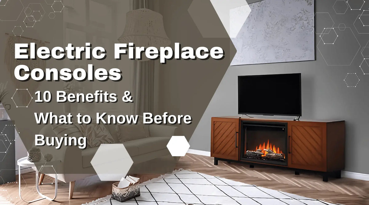 Electric fireplace console with TV and wood cabinetry in a modern living room, highlighting benefits and buying considerations.