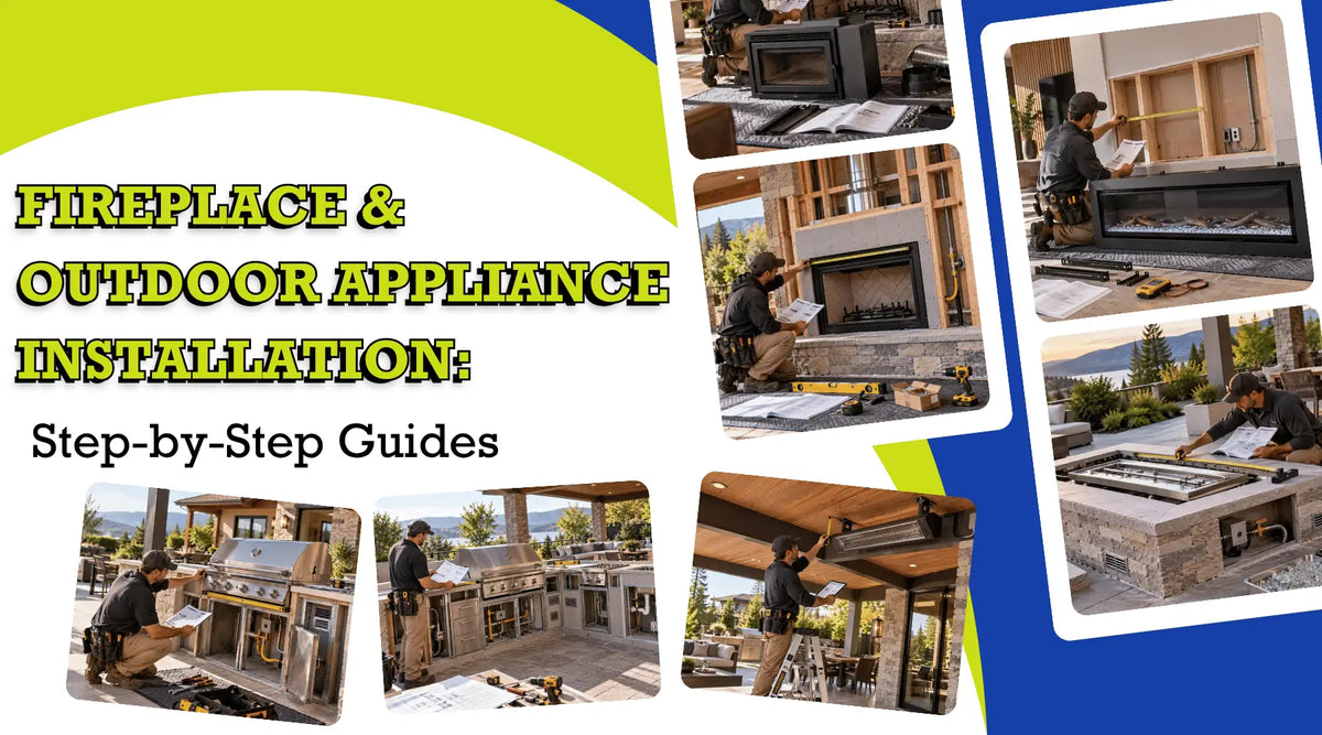 Fireplace and outdoor appliance installation guide showing contractors measuring fireplaces, grills, and outdoor kitchens.