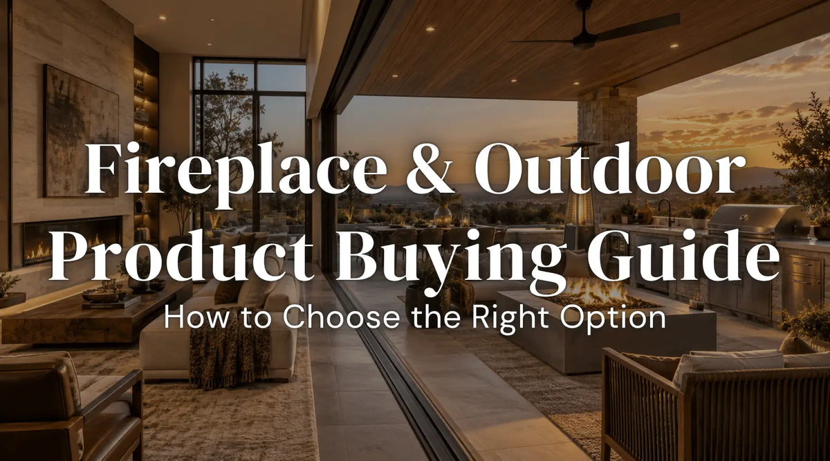 Luxury indoor-outdoor living space with fireplace, fire pit and outdoor kitchen for a fireplace and outdoor product buying guide.