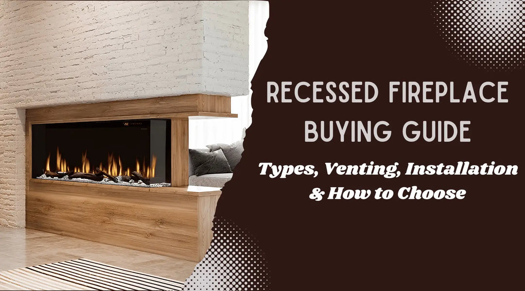 Modern recessed fireplace built into a wood surround for a buying guide covering types, venting, installation and selection.