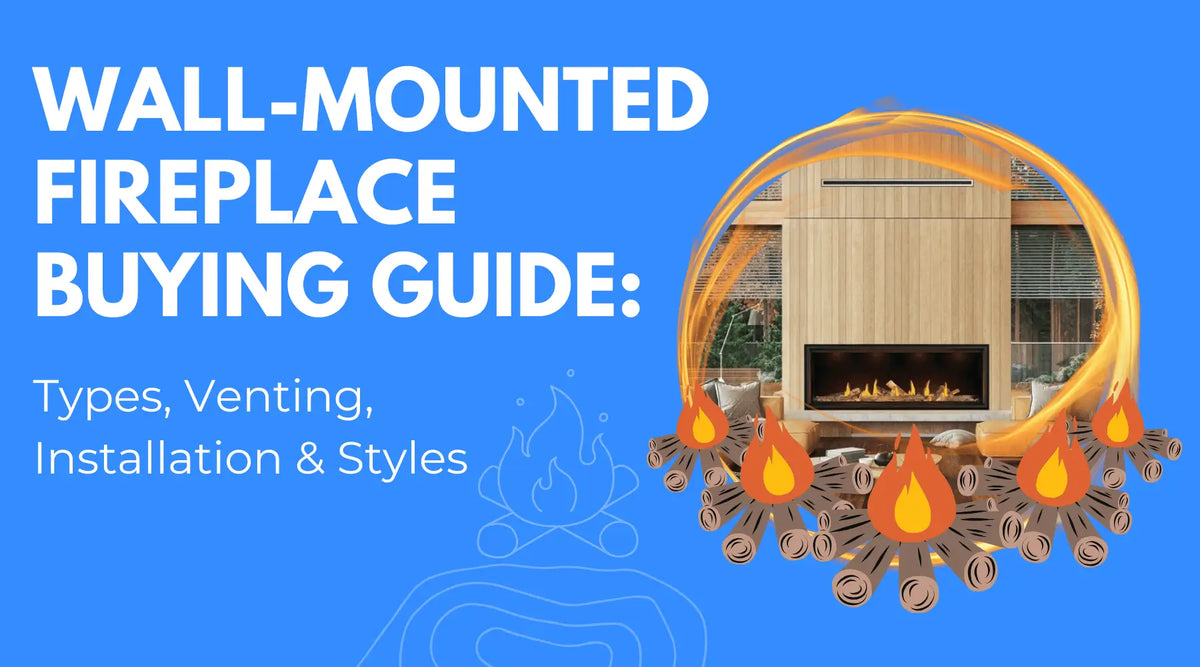 Wall-mounted fireplace buying guide featuring a modern fireplace with information on types, venting, installation and styles.