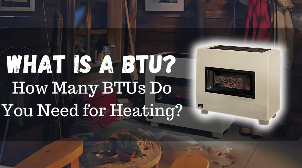 BTU heating guide featuring a home heater and explaining how many BTUs are needed to heat a room efficiently.