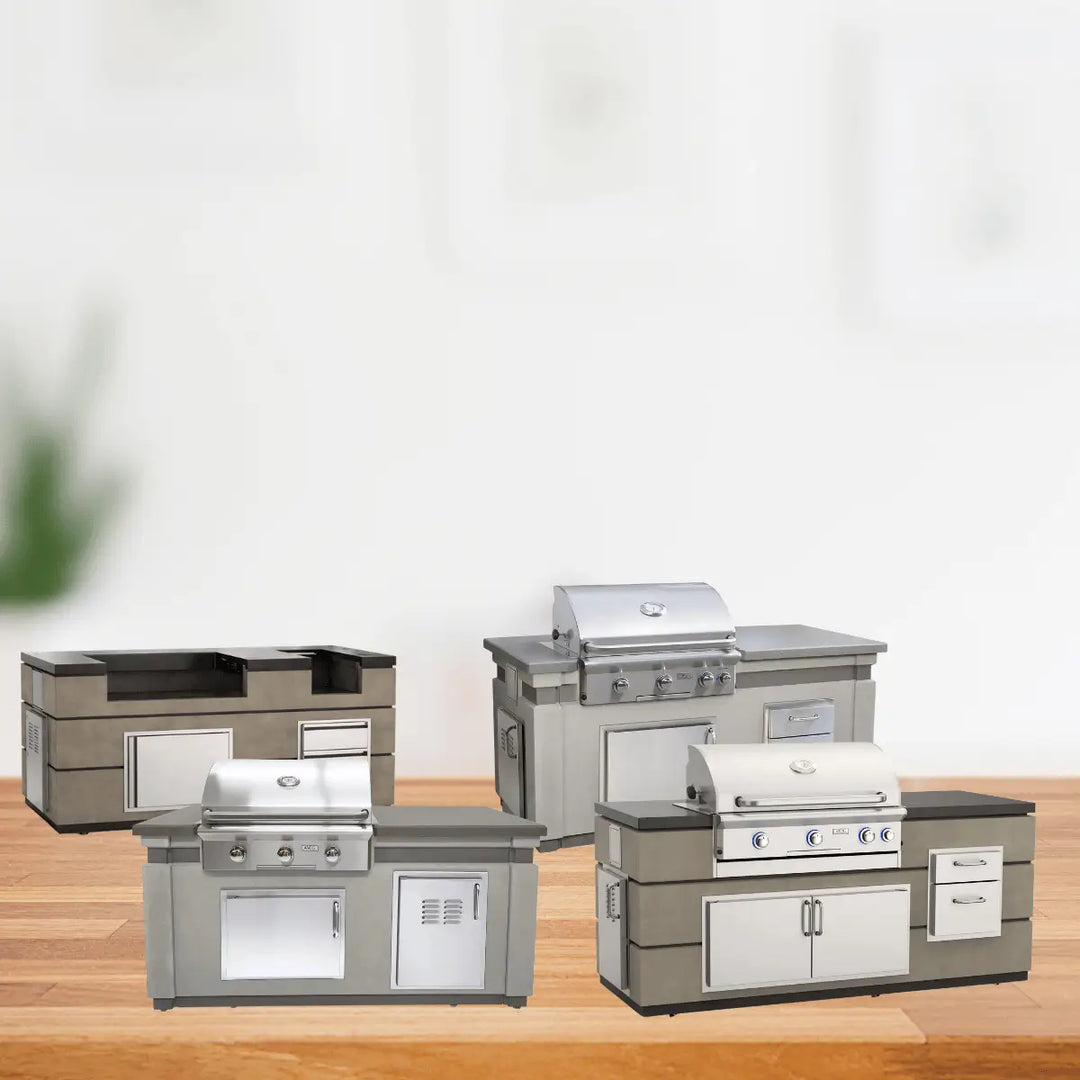AOG BBQ islands collection with built-in stainless steel grills, stone bases, and storage cabinets for complete outdoor kitchen setups.