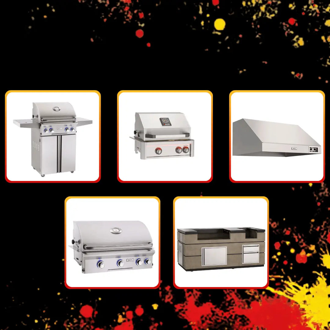 AOG Black Friday collection featuring grills, vent hood, and BBQ island setup displayed in promotional layout with bold black background.