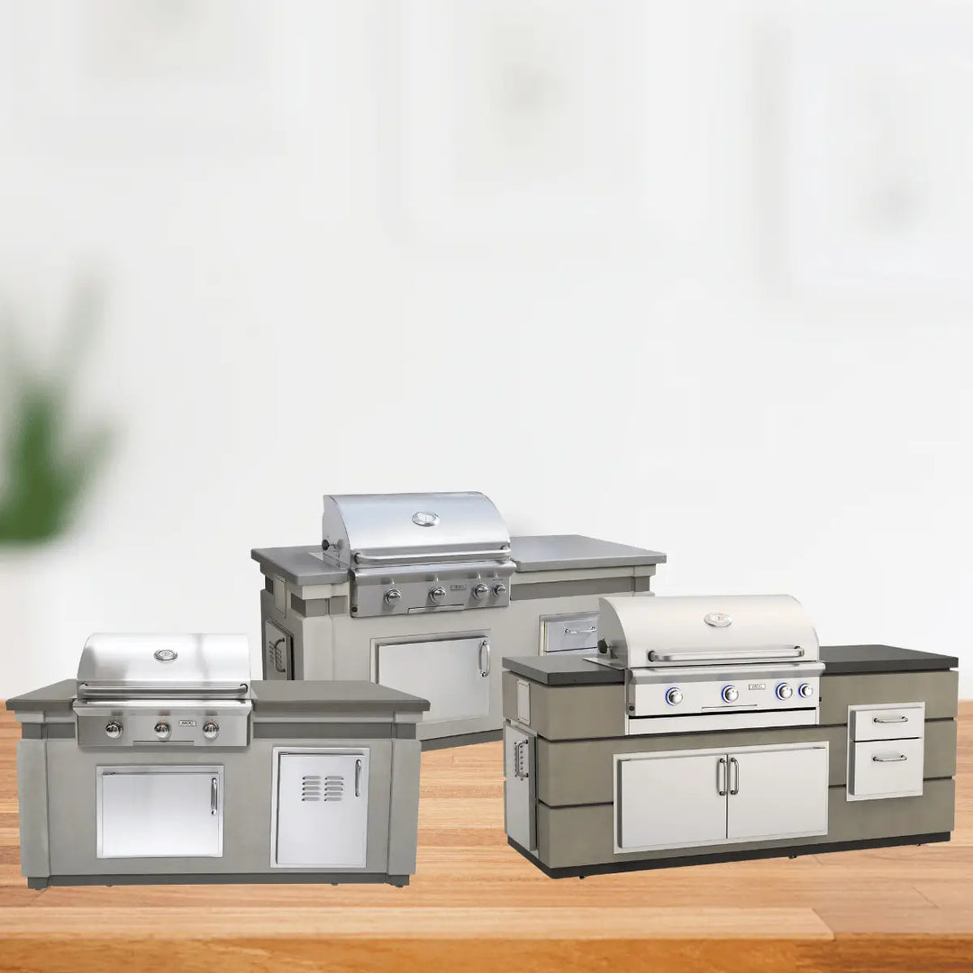 AOG grill islands collection with built-in stainless steel grills, storage cabinets, and countertops for functional outdoor kitchen spaces.