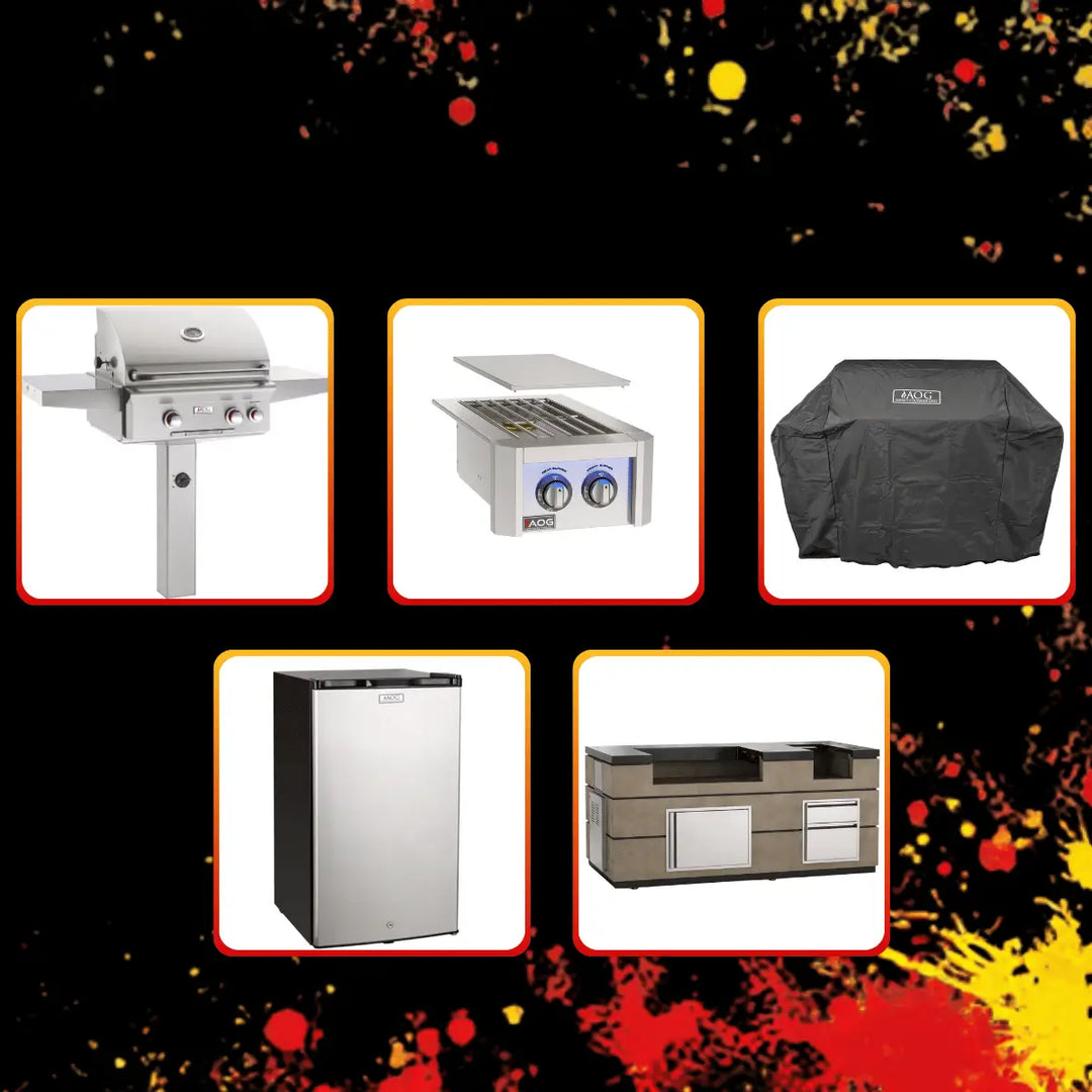 American Outdoor Grill AOG Black Friday sale collection featuring grill, side burner, cover, outdoor fridge, and kitchen island set.