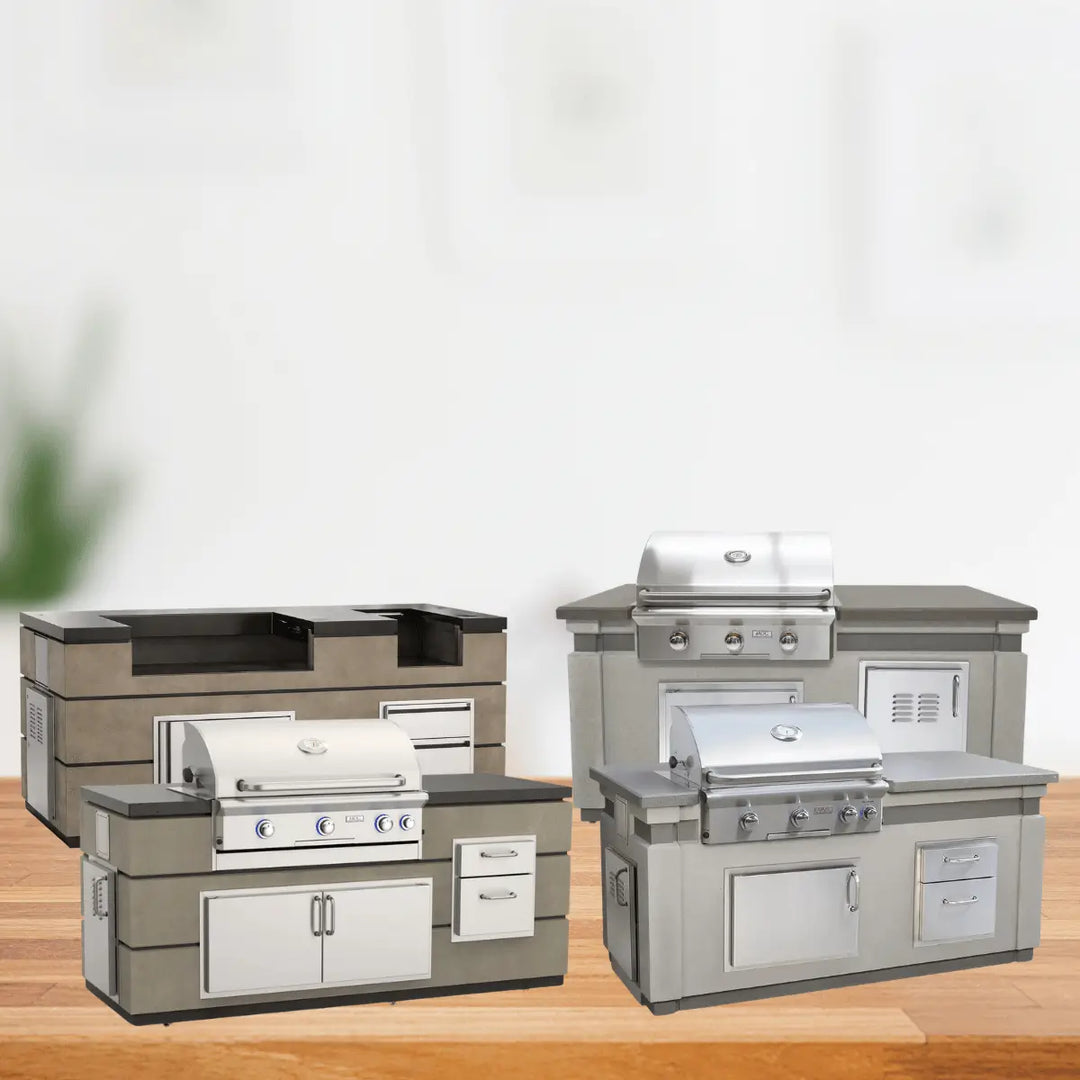 American Outdoor Grill AOG islands collection with built-in grills, outdoor kitchen islands, storage cabinets, and premium grilling setups.
