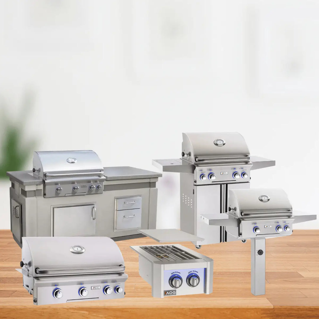 American Outdoor Grill L Series collection with stainless steel built-in grills, freestanding carts, pedestal grill, and side burner.