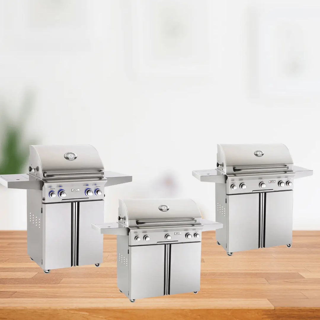 American Outdoor Grill portable propane grills with stainless steel carts, side shelves, storage cabinets, and outdoor cooking setup.