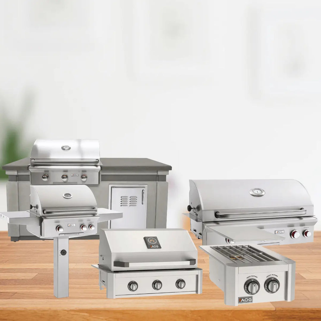 American Outdoor Grill T Series collection with stainless steel built-in grills, pedestal grill, and side burner for outdoor kitchens.