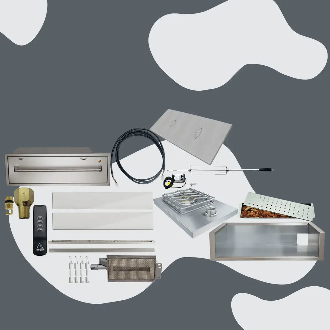 American Renaissance Grills by Renaissance Cooking Systems (RCS) accessories collection featuring stainless steel components including grill drawer, rotisserie kit, infrared burner, smoker box with wood chips, control parts, and outdoor BBQ accessories.