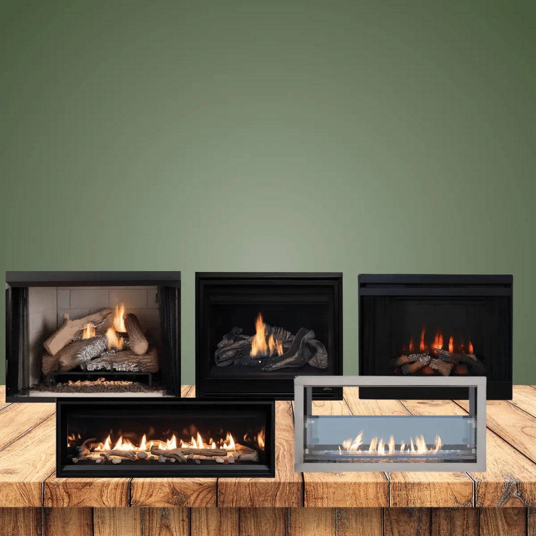 Astria Fireplaces collection featuring modern gas and linear fireplaces with realistic flames, displayed on wood surface in a contemporary setting.