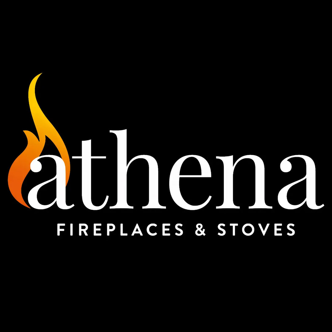 Athena Fireplaces & Stoves logo with flame icon on black background, representing premium fireplace and stove collection.