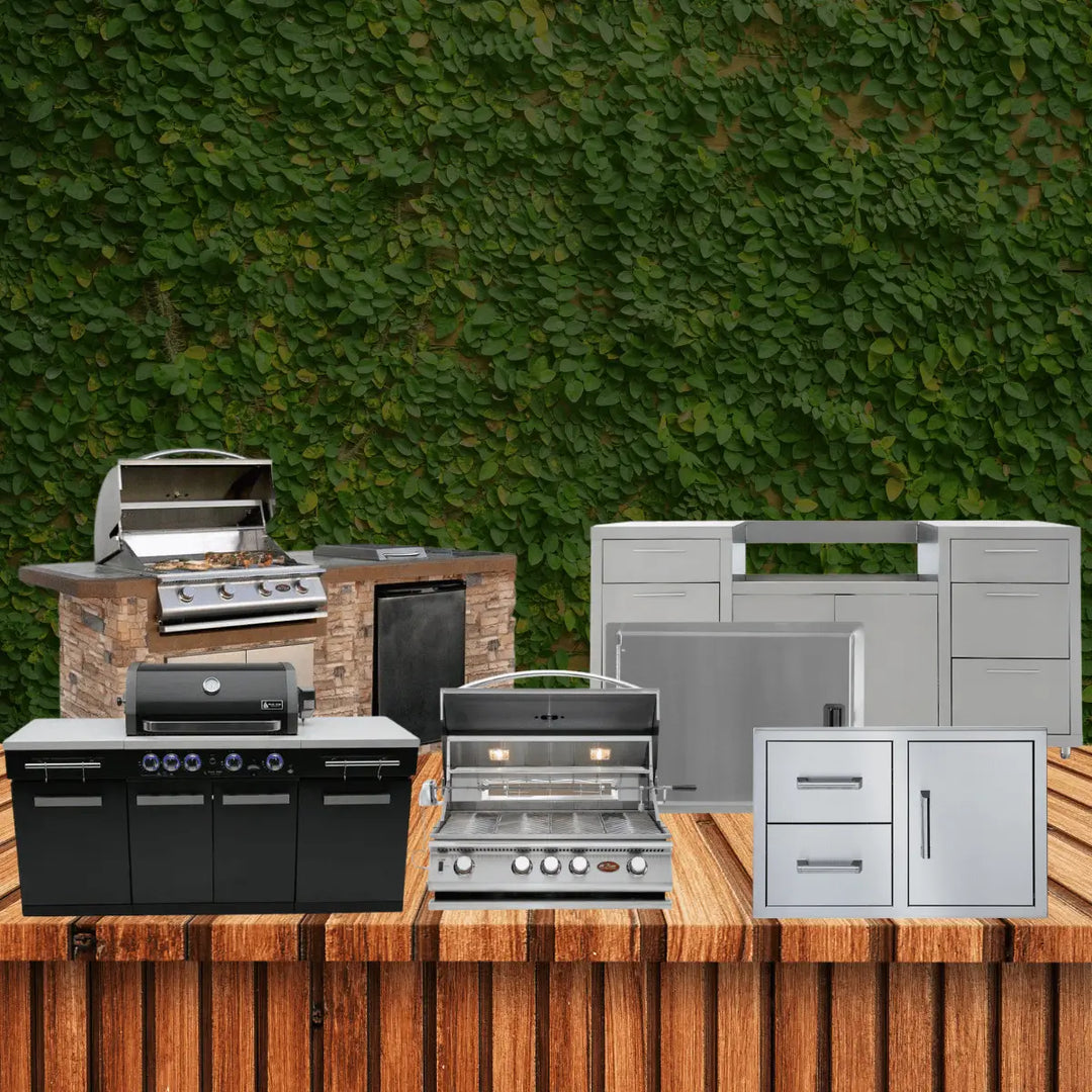 BBQ grill island outdoor kitchen kits collection with gas grills, stainless steel cabinets, storage drawers, and complete backyard cooking setup.