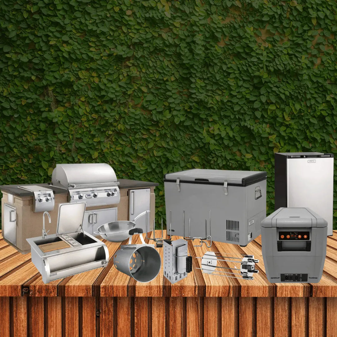 BBQ grill islands outdoor kitchen equipment collection with built-in grill, cooler, refrigerator, sink, and rotisserie accessories for backyard cooking.