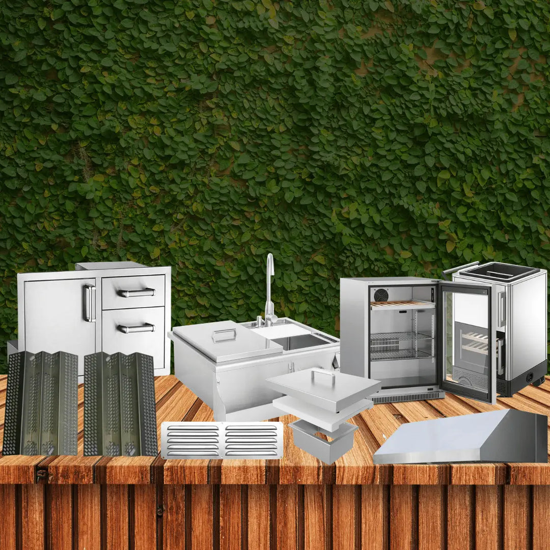 BBQ island components collection with stainless steel cabinets, sink, outdoor fridge and access doors for outdoor kitchen setup.