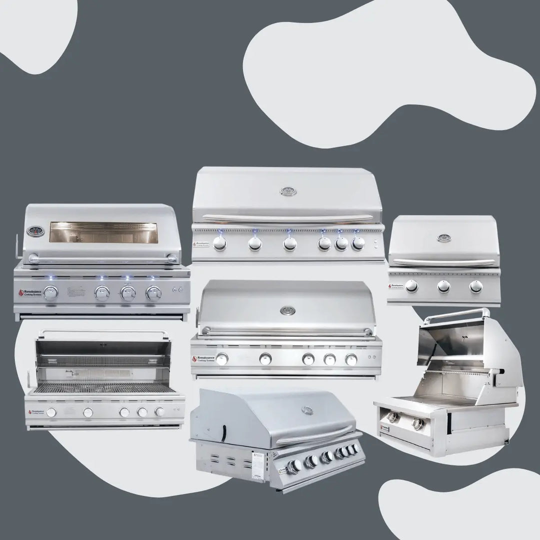 Renaissance Cooking Systems built-in gas grills collection featuring multiple stainless steel grill models with closed and open lids, illuminated control knobs, and premium outdoor kitchen designs.
