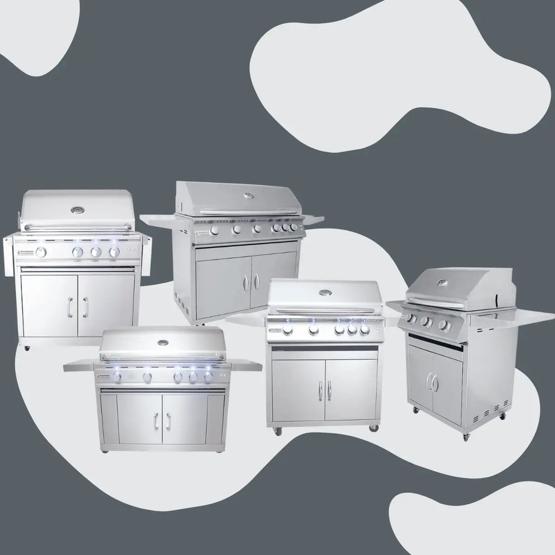 Renaissance Cooking Systems freestanding gas grills collection featuring multiple stainless steel outdoor grill units with cabinets, side shelves, wheels, and illuminated control knobs for versatile backyard cooking.