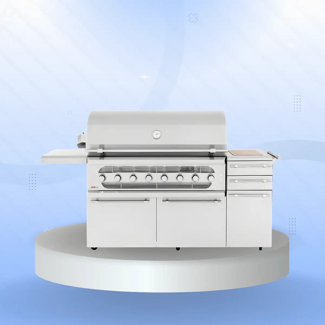 American Made Grills hybrid gas grill with stainless steel construction, multi-burner control panel, side shelf, and integrated storage drawers and cabinet, premium outdoor kitchen BBQ grill AMG collection