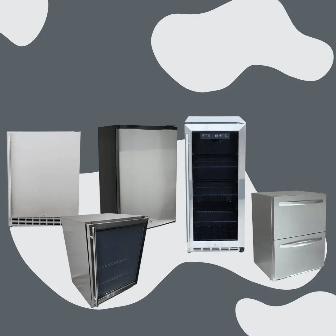 Renaissance Cooking Systems outdoor refrigeration collection featuring stainless steel outdoor refrigerator, glass door beverage cooler, compact fridge units, and drawer-style refrigerator designed for outdoor kitchens.