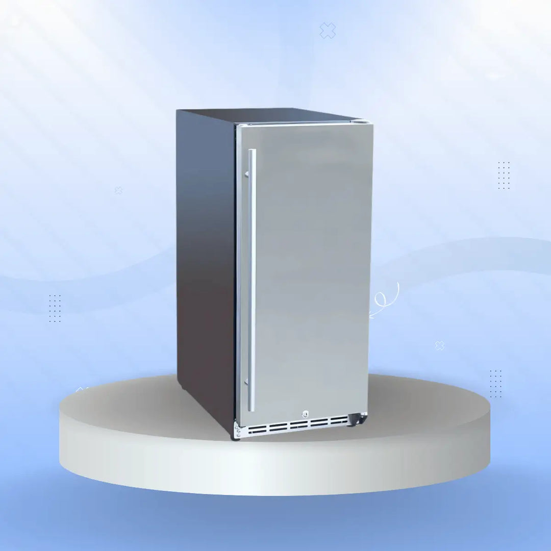 American Made Grills outdoor refrigerator with stainless steel door and sleek handle, compact built-in design displayed on a modern pedestal with a soft blue gradient background.