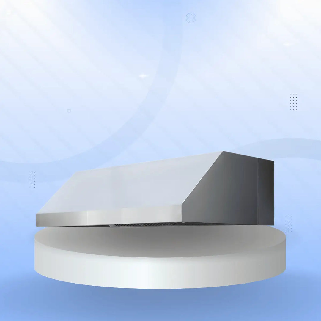 American Made Grills vent hood collection featuring a sleek stainless steel outdoor range hood with angled design, displayed on a modern pedestal against a soft blue gradient background.