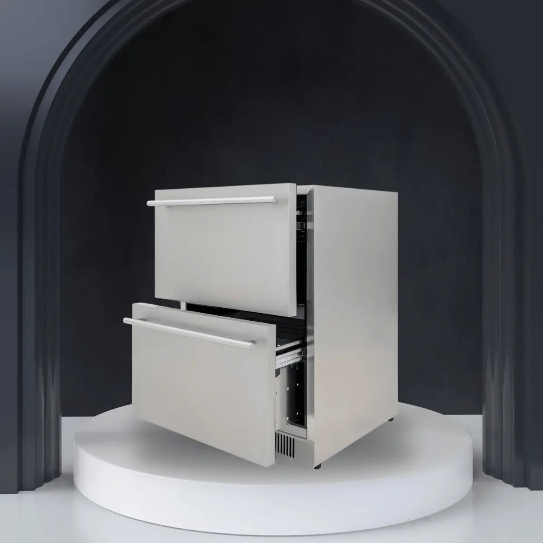 Blaze outdoor refrigerator with dual pull-out drawers in modern design, compact cooling storage solution for outdoor kitchens and patios.