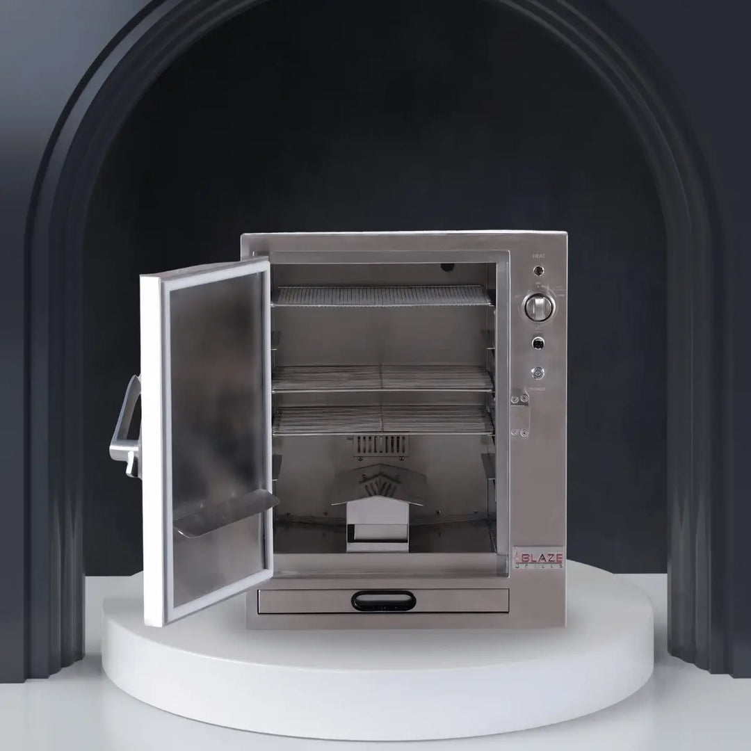 Blaze stainless steel smoker with open door and interior racks, modern outdoor cooking appliance for premium smoking performance.