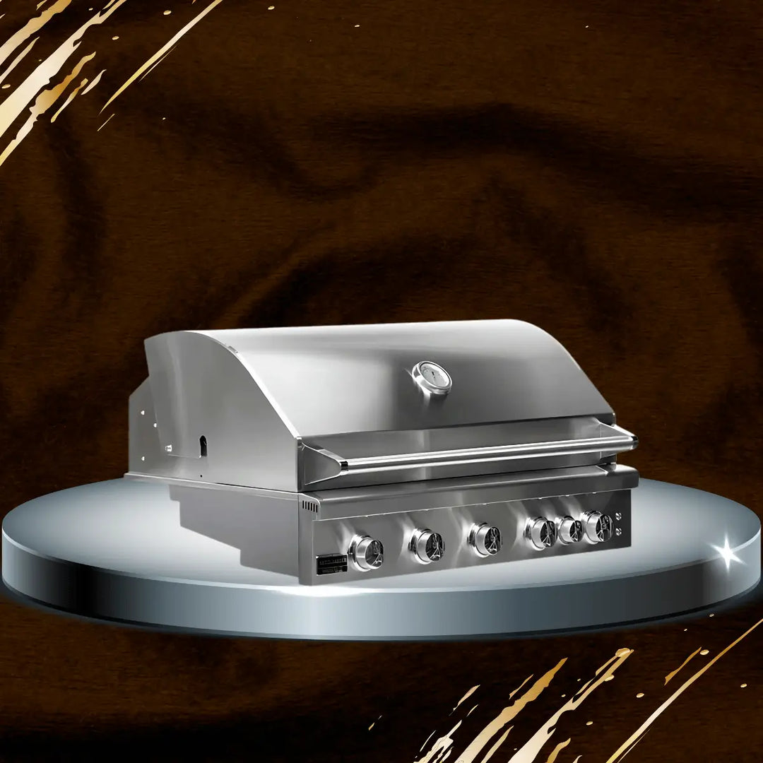 Broilmaster B-Series built-in gas grill with stainless steel construction, multiple control knobs, and hood thermometer, premium outdoor BBQ grill displayed on modern platform for outdoor kitchen setups