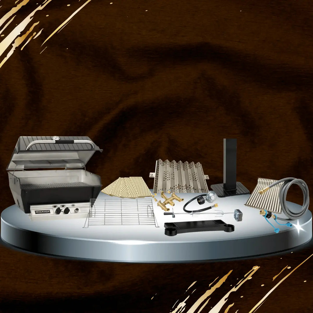 Broilmaster Classic grill collection featuring charcoal grill, cooking grates, burners, heat plates, and grilling accessories, complete outdoor BBQ replacement parts and upgrade kit display