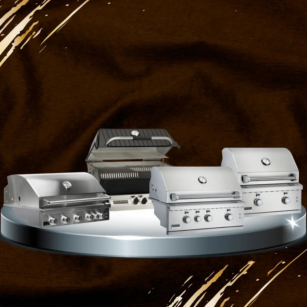 Broilmaster gas grills collection featuring multiple stainless steel BBQ grills with hood thermometers and control knobs, premium outdoor grilling equipment display on modern platform