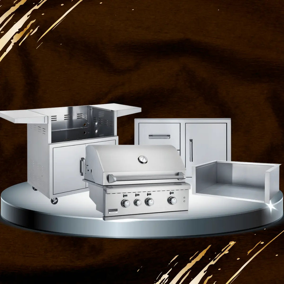 Broilmaster stainless steel outdoor kitchen collection featuring built-in gas grill, grill cart, storage doors, and stainless components, premium BBQ island setup for modern outdoor cooking spaces