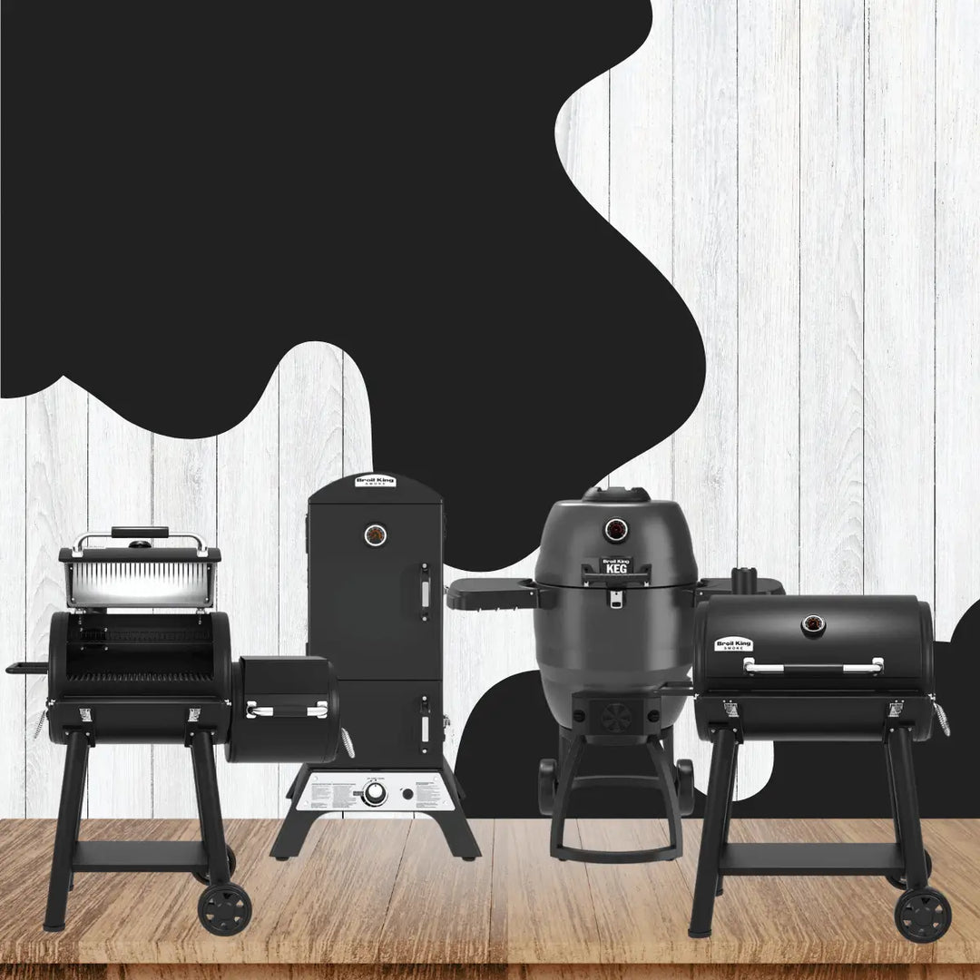 Broil King charcoal grills collection with barrel grills, vertical smoker and kamado grill for versatile outdoor charcoal cooking.