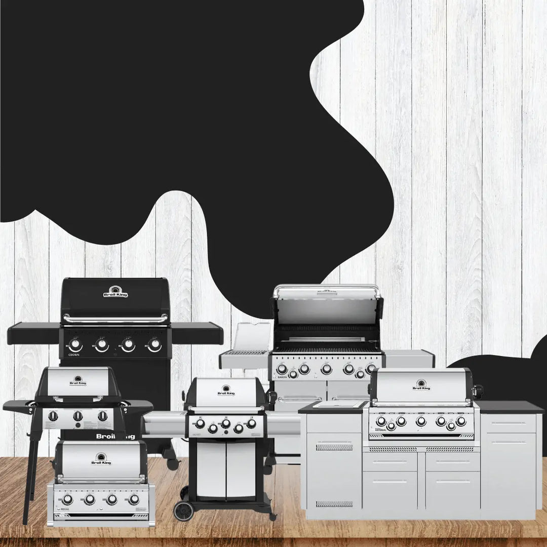 Broil King gas grills collection with portable and full-size grills, multiple burners and storage cabinets for versatile outdoor cooking.