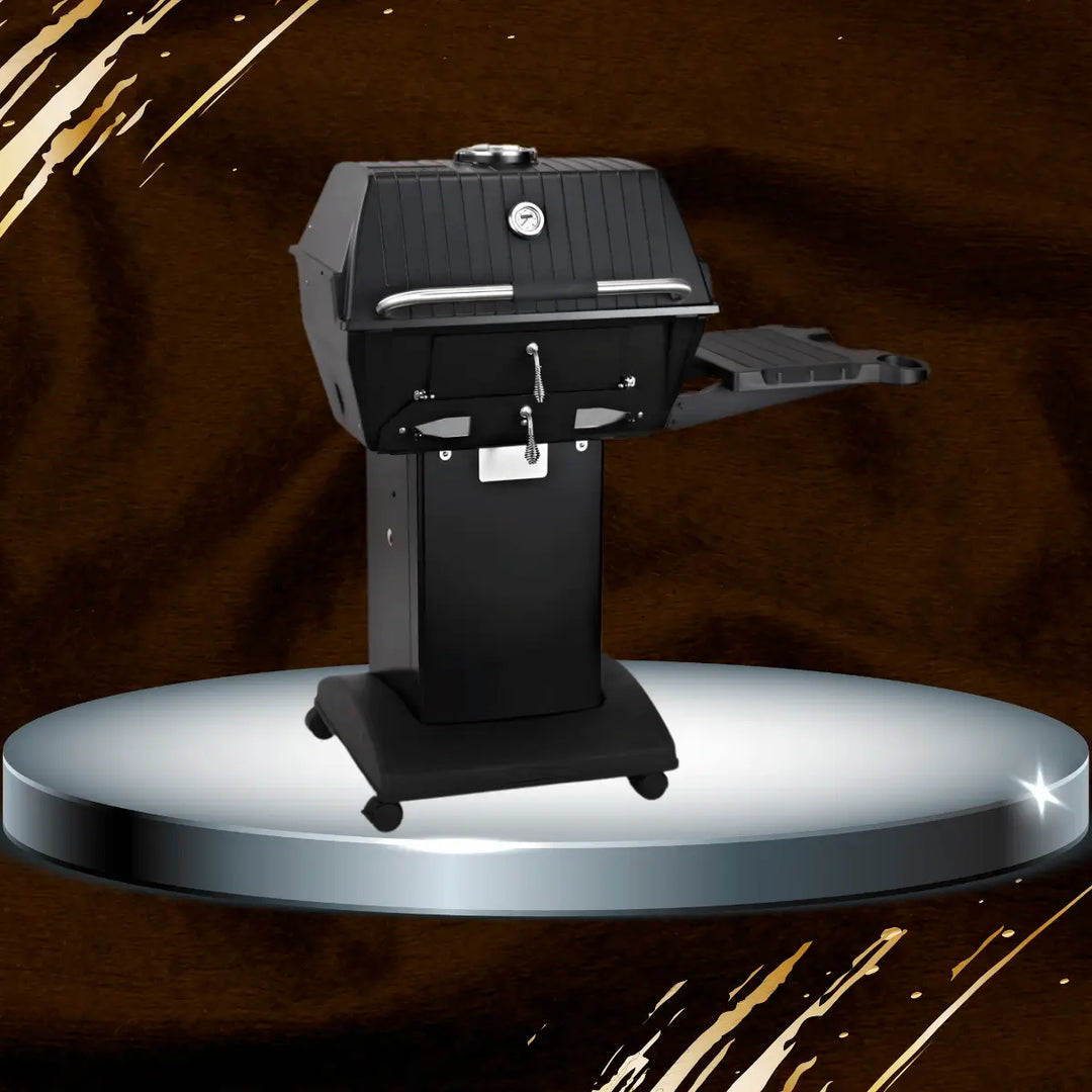 Broilmaster charcoal grill on cart with adjustable vents, temperature gauge, side shelf, and durable cast aluminum body, premium outdoor BBQ charcoal grill for backyard cooking