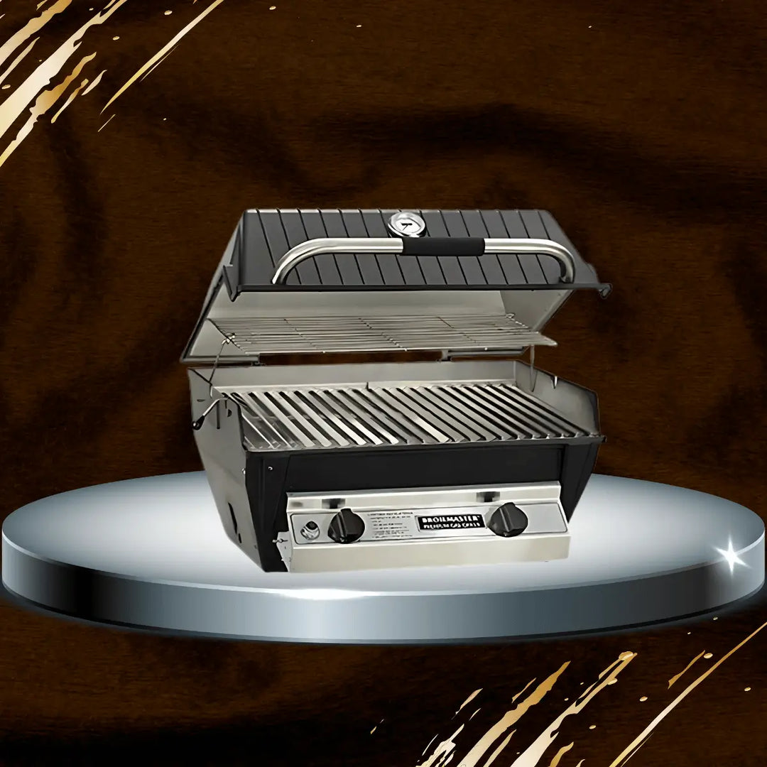 Broilmaster R3 Series gas grill with open lid, stainless steel cooking grates, temperature gauge, and precision control knobs, premium outdoor BBQ grill for backyard cooking