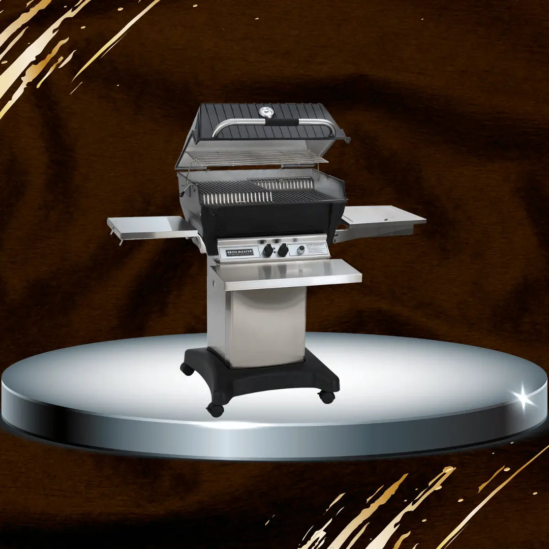 Broilmaster super premium gas grill on cart with side shelves, cast aluminum grill head, control knobs, and hood thermometer, high-end outdoor BBQ grill for backyard cooking and entertaining