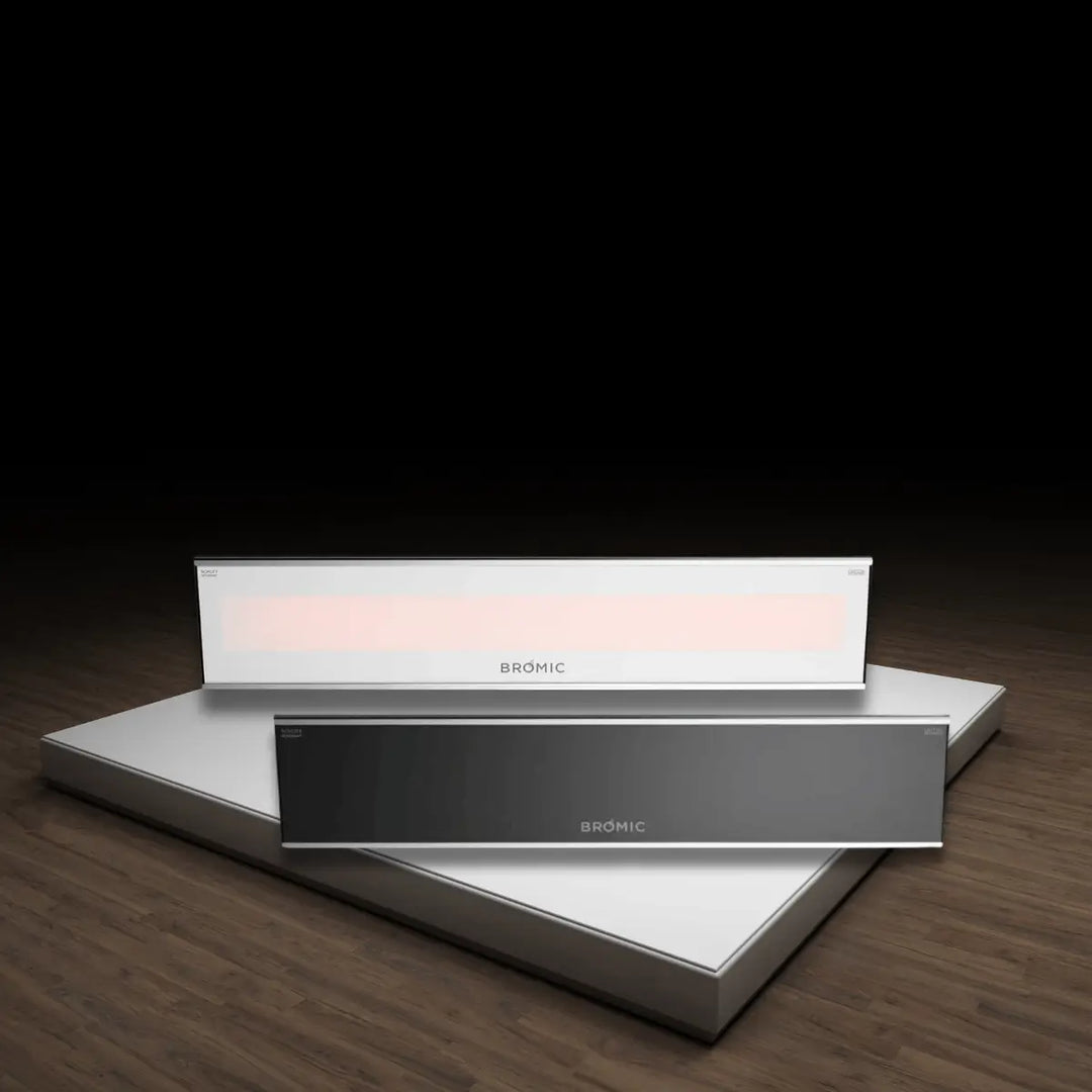 Bromic Platinum Smart-Heat electric marine heaters in white and black with slim modern design and radiant heating panel display.