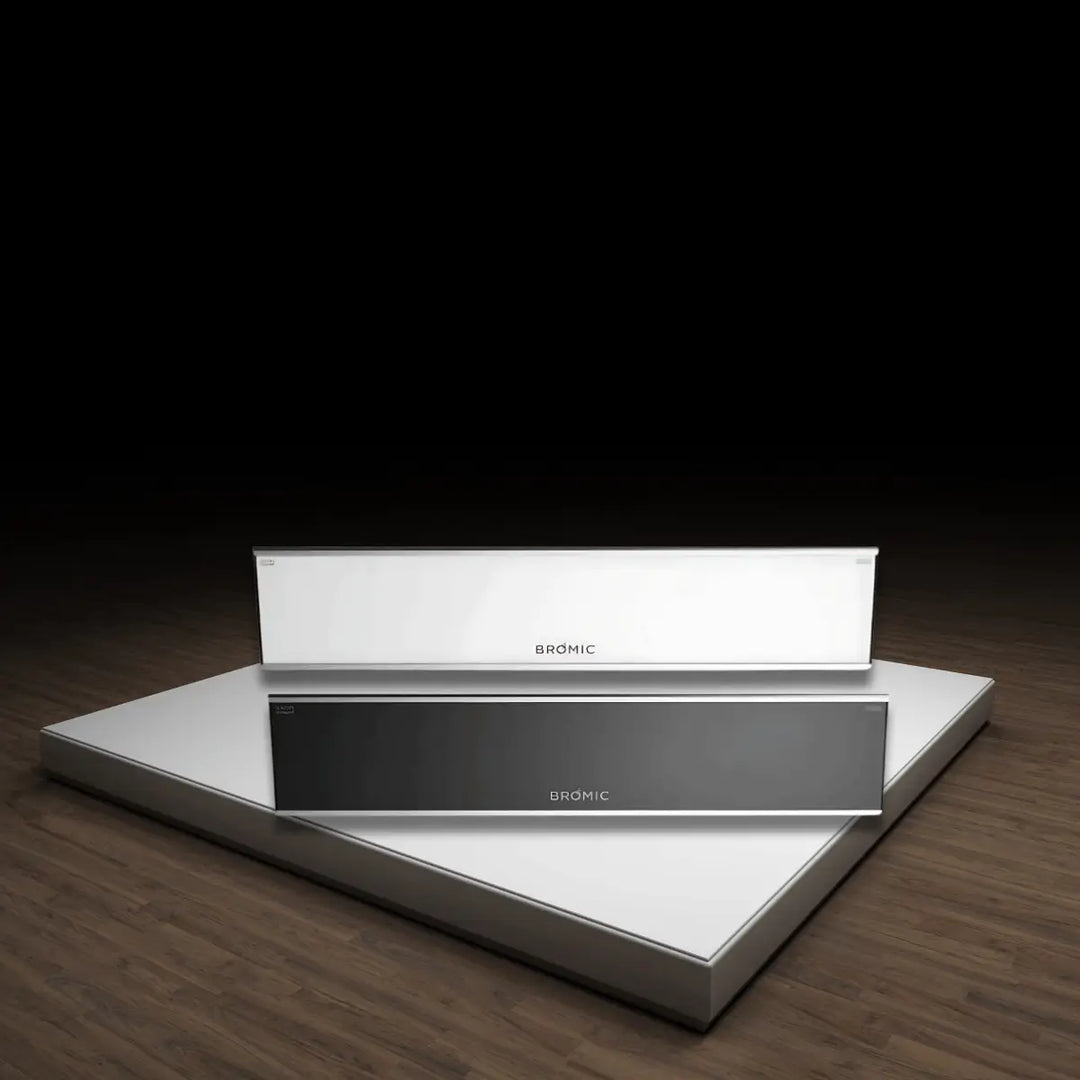 Bromic Platinum Smart-Heat electric outdoor heaters in white and black with slim modern design for stylish outdoor heating.