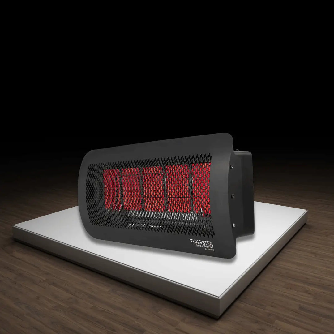 Bromic Tungsten Smart-Heat gas outdoor heater with black metal design and glowing radiant heating elements on display.