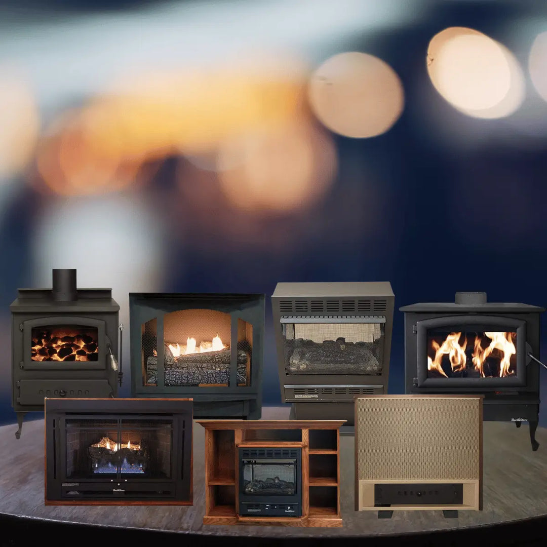 Buck Stove stoves collection with wood stoves, gas heaters and fireplace inserts featuring glass fronts and visible flames for home heating.