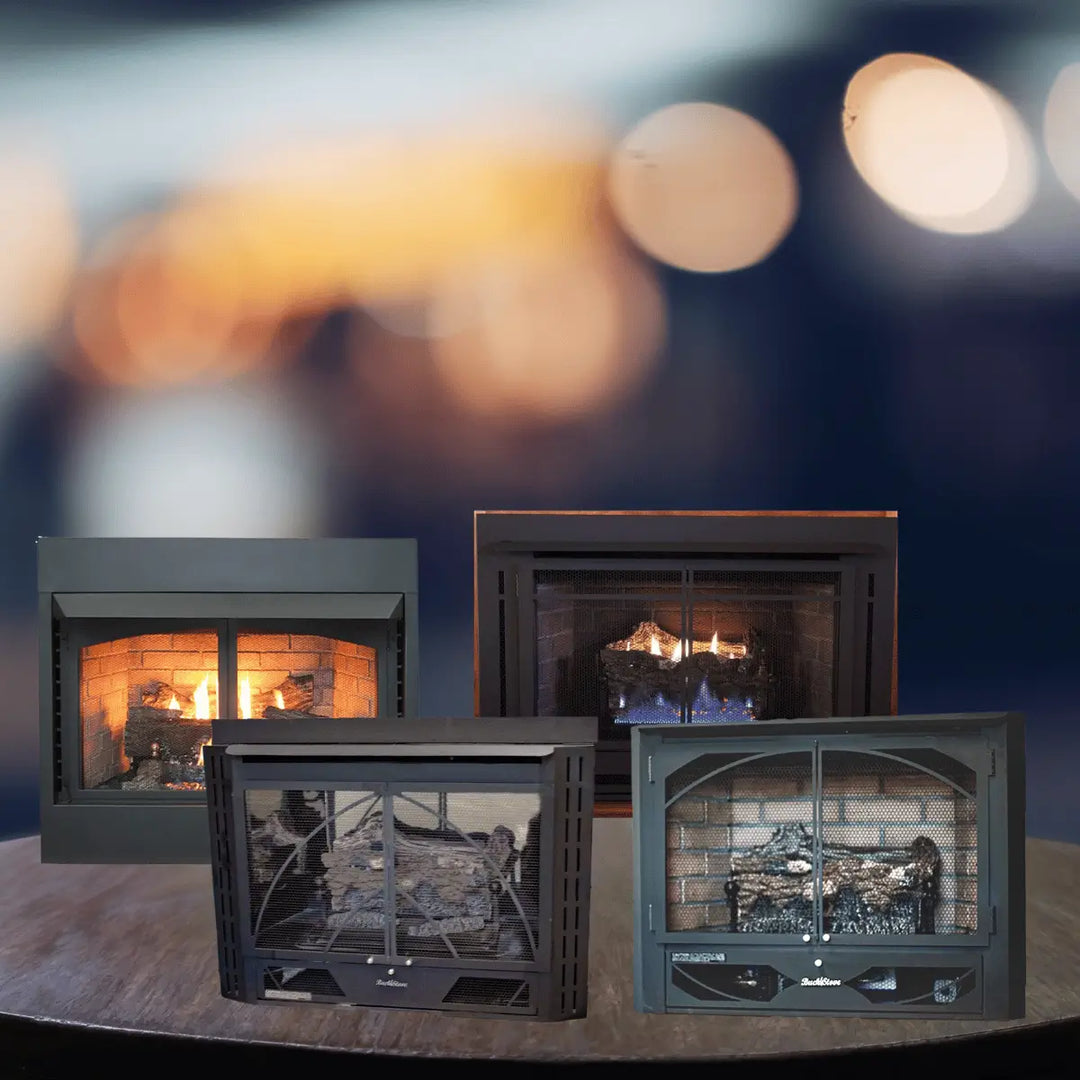Buck Stove fireplaces collection with built-in fireplace inserts, glass doors and realistic flames for efficient home heating.