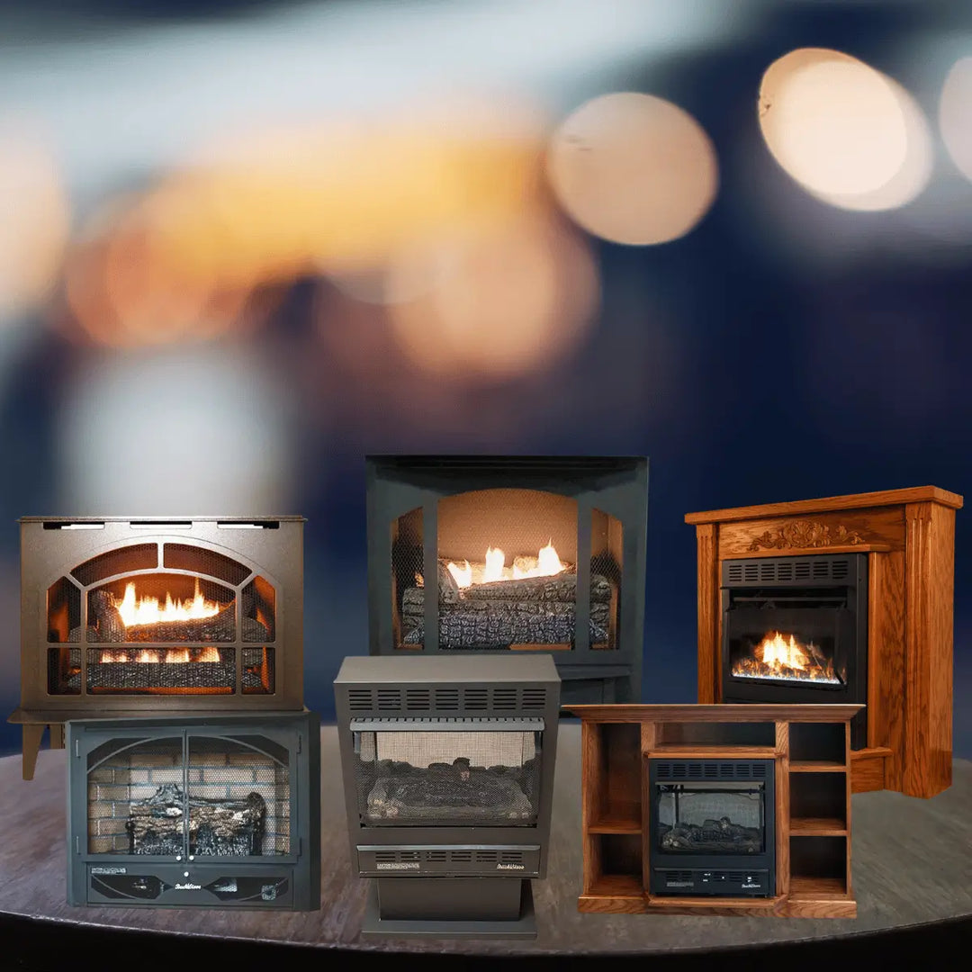 Buck Stove gas stoves collection with freestanding units and fireplace inserts featuring realistic flames and glass fronts for home heating.