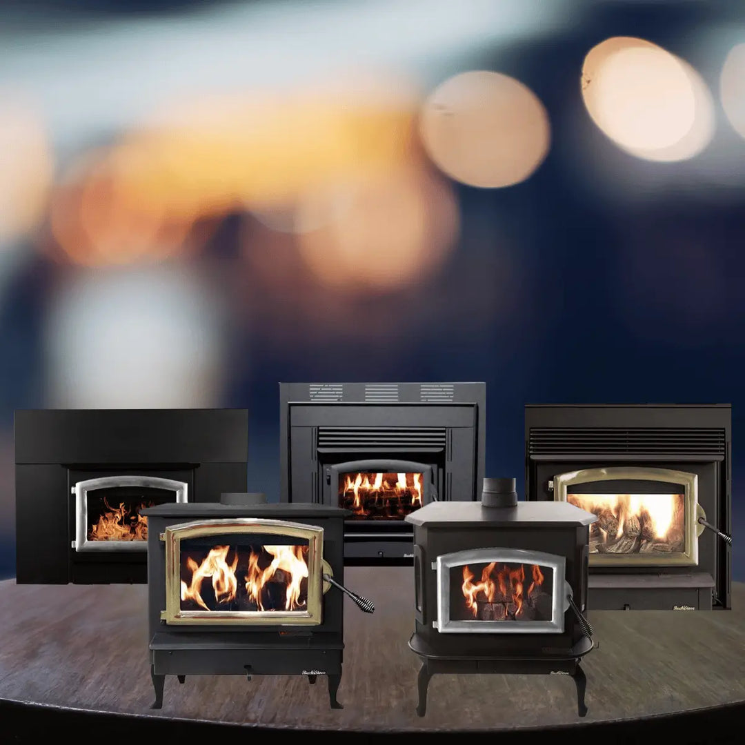Buck Stove wood stoves collection with freestanding and insert fireplace units featuring glass doors and visible flames for home heating.