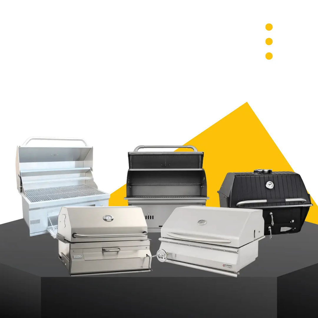 Built-in charcoal grills collection with stainless steel and black BBQ grills for outdoor kitchen installations and modern cooking setups.