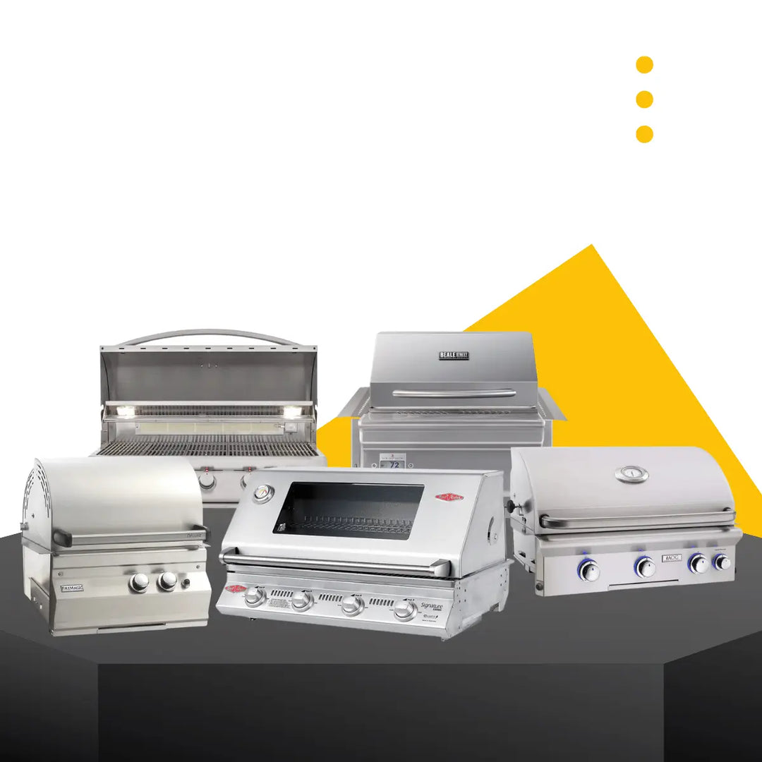 Built-in grills collection featuring stainless steel outdoor BBQ grills with modern design and integrated cooking systems.