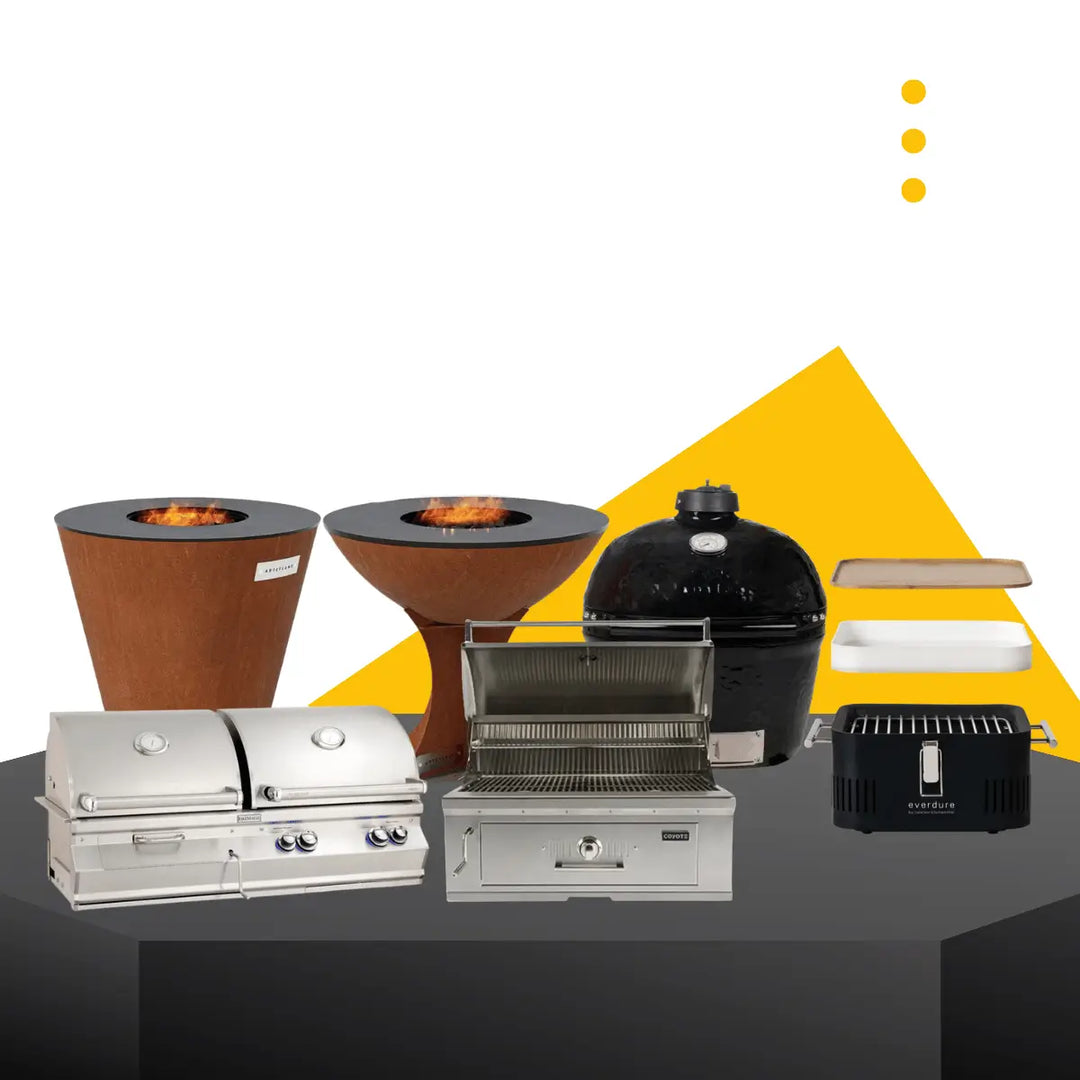 Charcoal grills collection with kamado, fire pit, and stainless steel BBQ grills displayed in a modern outdoor cooking setup.
