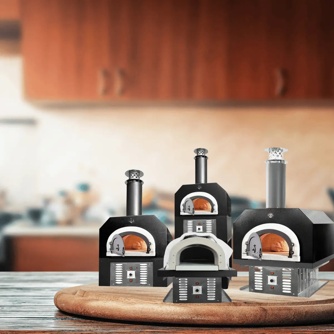 Chicago Brick Oven hybrid pizza ovens in various sizes with stainless steel and black finishes, displayed in a modern kitchen setting.